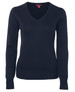 A dark navy ladies' knitted jumper featuring a V-neck and long sleeves. It has a subtle branding detail.