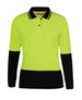 A long-sleeve polo shirt in lime with navy accents, featuring a pocket and a logo.