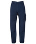 Navy cargo pants featuring multiple pockets and a logo. The design includes sturdy materials and a relaxed fit.