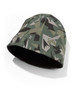 A green and grey camo patterned knitted beanie with a smooth inner lining and a logo.