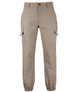 Khaki cargo joggers with multiple pockets and elastic cuffs. Features a logo on the fabric.