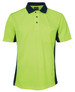 A bright yellow-green short sleeve polo shirt with a navy collar and side panels, featuring a chest pocket and a logo.