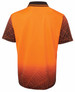 A high visibility short-sleeve polo shirt in orange with a black spider web design. Features a collar and branding.