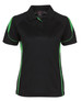 A black polo shirt with green accents and a logo. Short sleeves and a classic collar design.