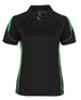 A black polo shirt with green accents and a collar. The shirt features a logo on the upper side.