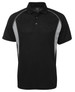 A black polo shirt with grey side panels and a collar, featuring a logo on the chest area.