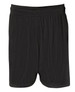 A pair of black sports shorts featuring a mesh design and an elastic waistband, with branding present.