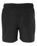 Black sports shorts feature an elastic waistband and a single back pocket. The design includes a logo.