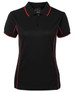 A black polo shirt with red piping, featuring a collar and a small placket. It includes a logo.