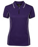 A purple polo shirt featuring a collar, short sleeves, and white piping along the seams, with a logo on the chest.