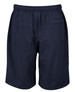 Navy sports shorts featuring an elastic waistband and a back pocket. The shorts have a simple design and a branded logo.