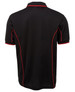A black polo shirt with red piping detailing and a logo on the chest.