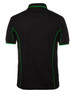 A black polo shirt with green piping details and a logo on the back.