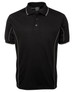 A black polo shirt with piping details and a collar, featuring a logo on the front.
