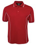 A red polo shirt featuring white piping, with a collar and buttoned placket, and includes a branding logo.