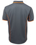 A grey polo shirt with orange piping details and a logo on the chest. Back view displayed.