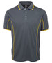 A grey polo shirt with yellow piping, featuring a collar and three buttons, and includes a logo.