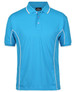 A light blue polo shirt with white piping and a collar, featuring a logo on the chest.
