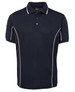 A navy polo shirt with white piping, featuring a collar and three-button placket. It has a logo on it.