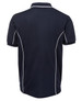 A dark navy polo shirt with white piping details, featuring a collar and short sleeves. It includes a branding logo.