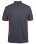 A grey polo shirt with red piping, featuring a collar and three-button placket. Includes a logo on the chest.