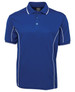 A blue polo shirt with white piping details and a collar, featuring a logo on the chest area.