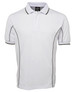 A white polo shirt with grey piping, featuring a collar and three buttons, and a logo on the chest.