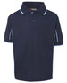 A navy polo shirt with white piping and a collar, featuring short sleeves and a logo. 