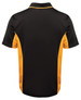 A black and gold polo shirt featuring a stylish design and a logo on the back.