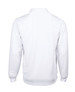 A long-sleeve polo shirt in white with a collar, featuring a logo on the back.