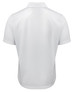 A white polo shirt with a collared design, featuring short sleeves and a logo on the back.