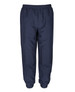 Navy track pants with an elastic waistband and cuffs. Features a logo on the side.