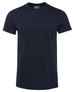 A navy fitted t-shirt with a round neck and short sleeves, featuring a logo on the label.