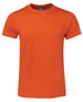 An orange fitted t-shirt with a crew neck and short sleeves. It features a logo on the label.