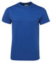 A blue fitted t-shirt featuring a logo on the neckline.