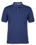 A navy blue polo shirt featuring a collar, short sleeves, and three buttons. It has a logo on the chest.