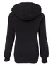 A black hoodie featuring a drawstring hood and long sleeves, with a simple design and a logo on the back.