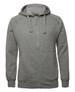 A grey zip-up hoodie featuring a hood and pockets, with a logo on the front.