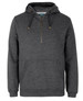 A dark grey 1/2 zip hoodie featuring a hood, a front pouch pocket, and a logo.