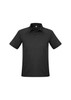 A short sleeve polo shirt in black, featuring a collar and three buttons, with a subtle textured pattern.