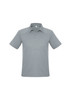 A light grey men's short sleeve polo shirt with a collar and three-button placket, featuring a logo.