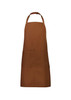 A brown apron featuring a large pocket and an adjustable neck strap. It has a simple design and a logo.