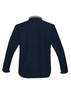 A navy jacket with a contrasting grey collar, featuring long sleeves and a sleek design. It has a logo on the back.
