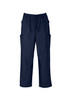Unisex scrub cargo pants in navy, featuring an elastic waistband and multiple side pockets. Includes branding.