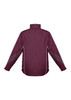 A maroon jacket with a high collar and reflective detailing on the sleeves. It features a logo on the back.
