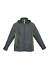 A grey jacket with green detailing, featuring a hood and long sleeves. It has a logo on the chest area.