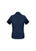 A navy blue women's short sleeve button-up shirt, featuring a smooth fabric and rolled sleeves.
