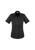 A black short sleeve button-up shirt with a fitted design and rolled sleeves, featuring a logo.