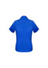 A blue short sleeve women's button-up shirt with a collar and rolled sleeves. Features a logo.