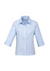 A light blue women's button-up shirt with 3/4 sleeves, featuring a collar and rolled cuffs.